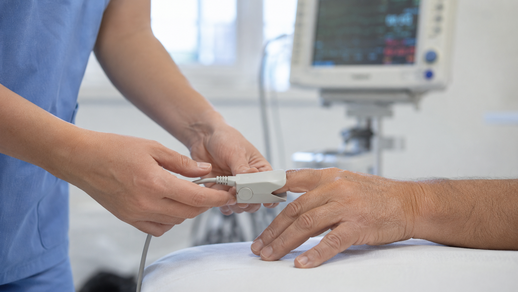 A healthcare professional is checking a patient's pulse with a pulse oximeter on the patient's finger in a medical setting, with a monitor in the background.