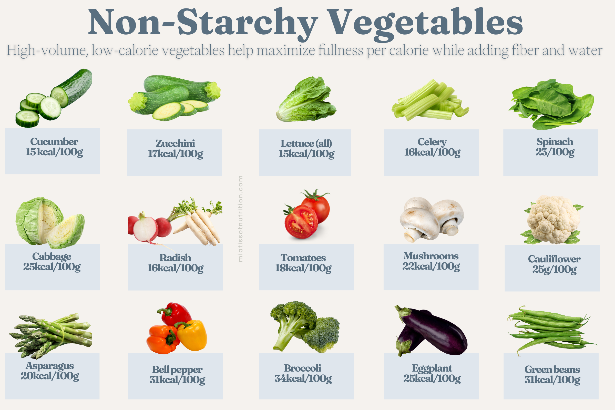 An infographic showing a list of high volume, low calorie vegetables for appetite and hunger. Some of the vegetables included are : cucumber, zucchini, lettuce, celery, spinach, cabbage, radish, tomatoes, mushrooms, cauliflower, asparagus etc