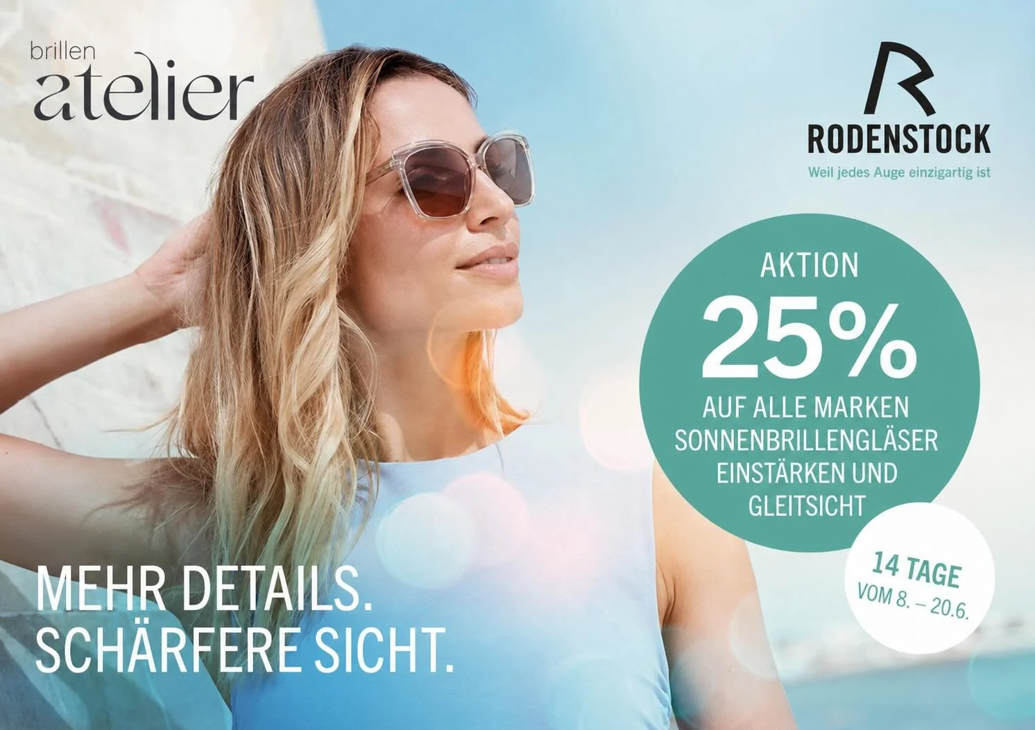 Sonne genie&szlig;en - mit scharfer Sicht. ☀️ 
Sichere Dir 25% Rabatt auf alle Marken-Sonnenbrillengl&auml;ser in Einst&auml;rken und Gleitsicht. 
Nur vom 08.06. bis 20.06. im Brillen Atelier. 
Wir freuen uns auf Deinen Besuch. 😎 

#brillenatelier #