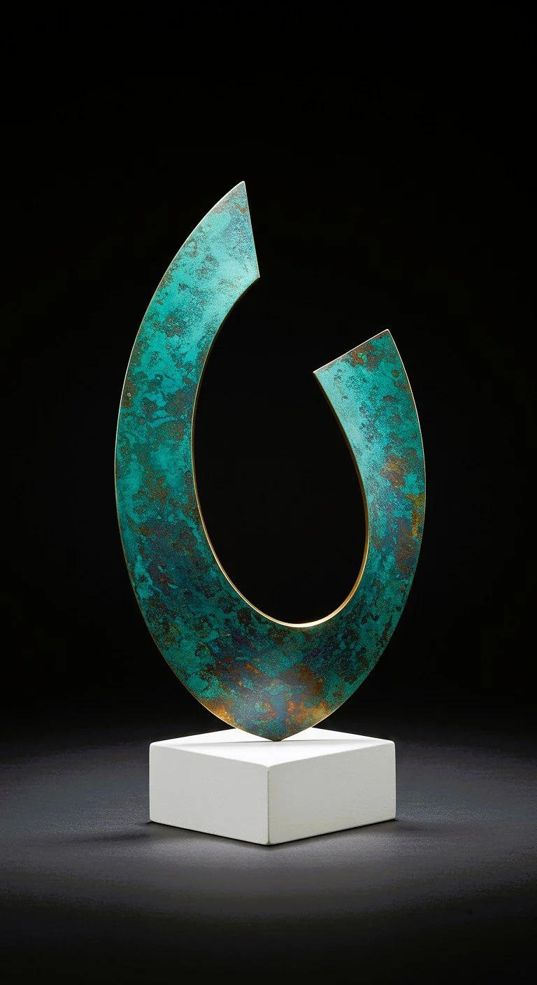 Abstract sculpture with a C-shape in turquoise with rust-like spots, mounted on a white square base against a black background.