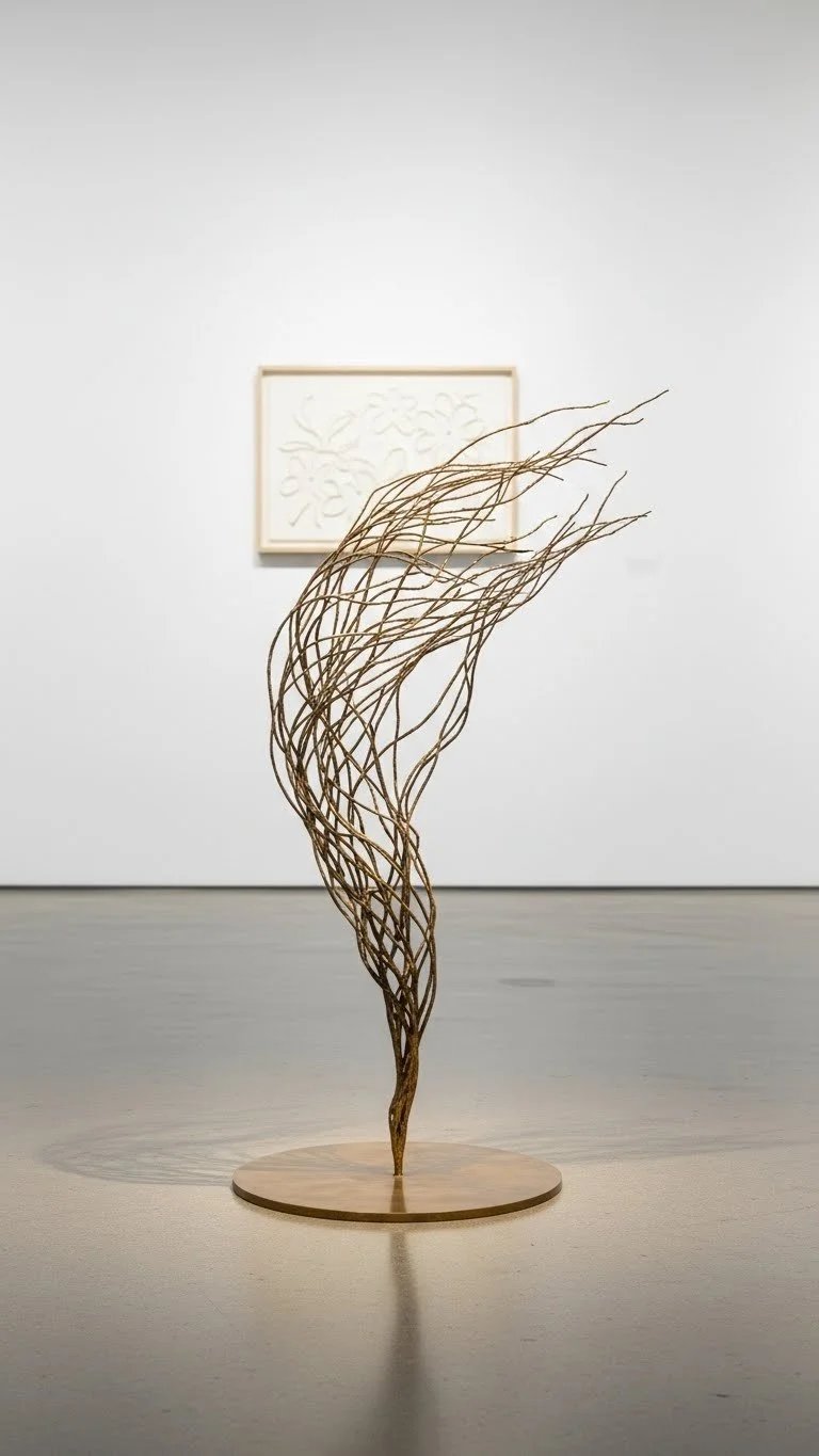 A modern art sculpture made of intertwined wooden sticks on a circular wooden base in an art gallery with a framed white artwork on the wall behind.