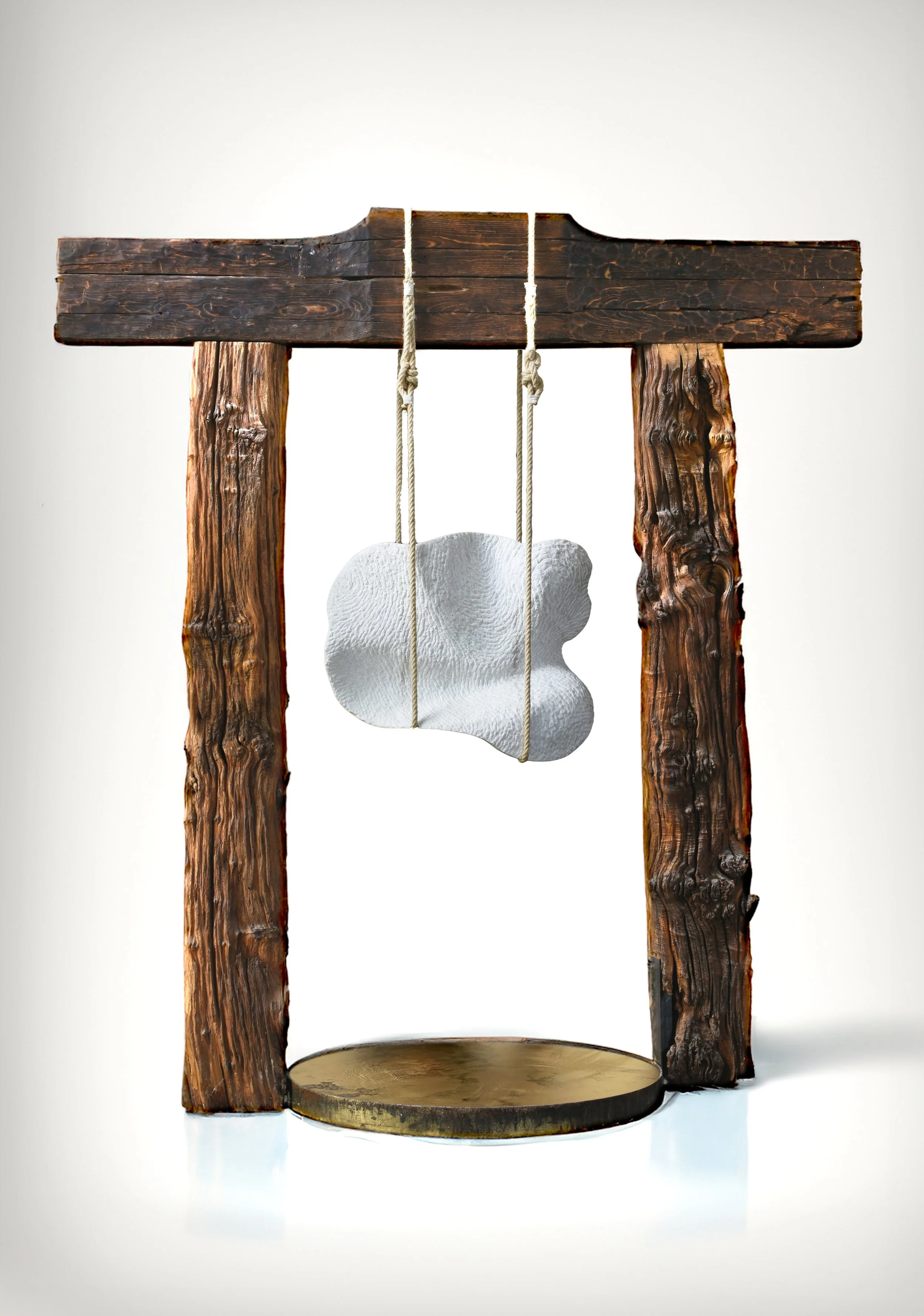 Passage, 2022 
Carrara white marble, chestnut wood, steel, hemp rope
274 × 228 × 105 cm