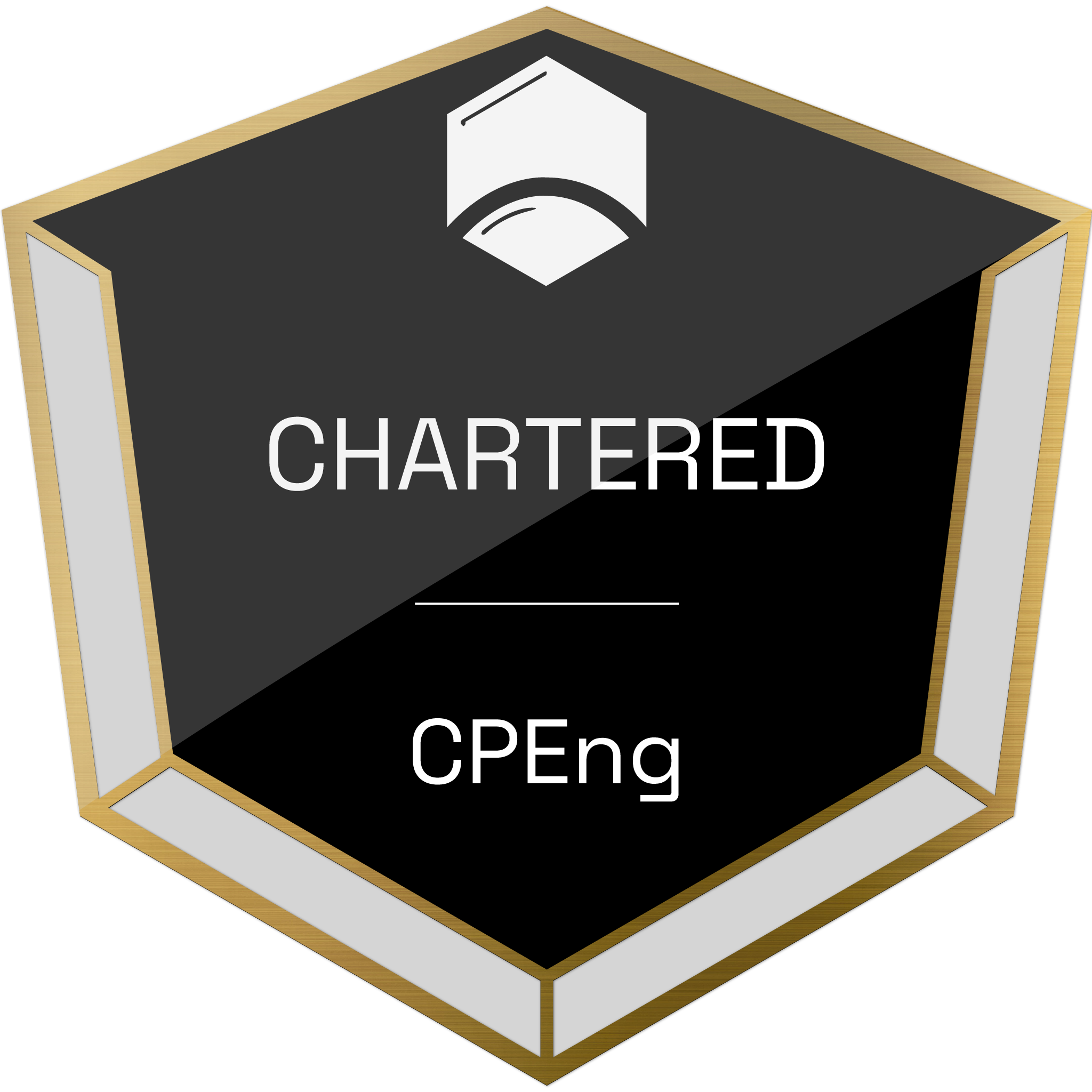 An illustration of a black and gold octagonal box with the words "CHARTERED CPEng" written on it.