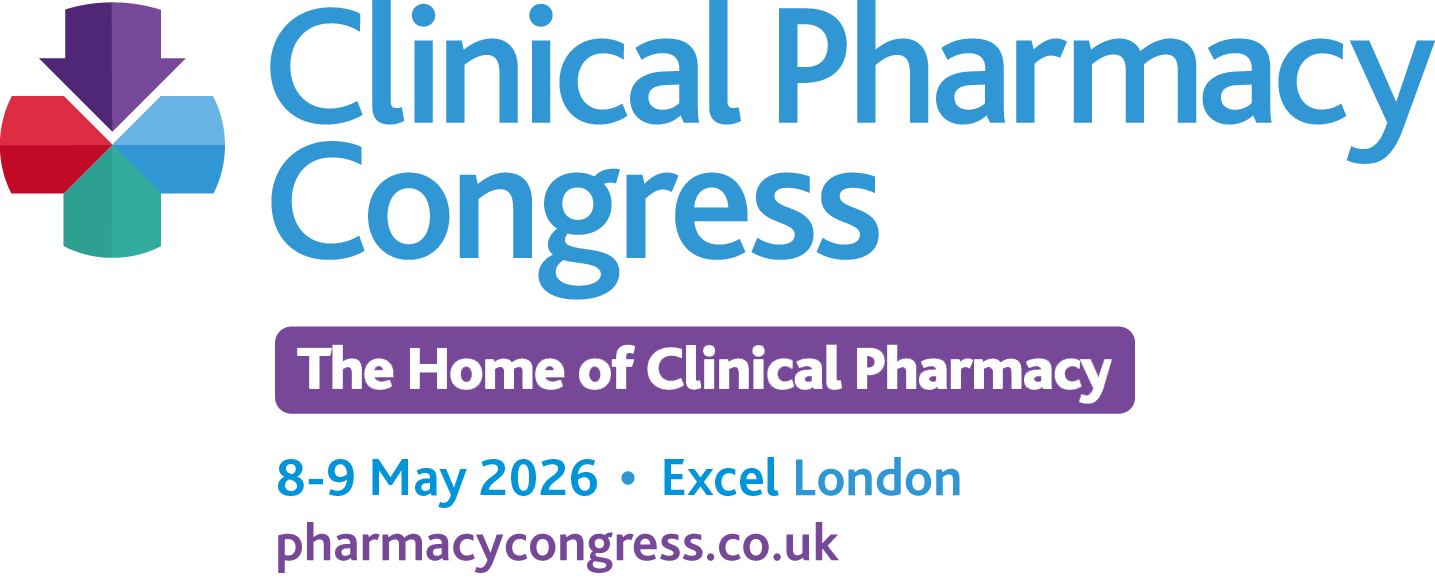 Logo and details for the Clinical Pharmacy Congress event, scheduled for May 8-9, 2026 at Excel London, with the tagline 'The Home of Clinical Pharmacy.'