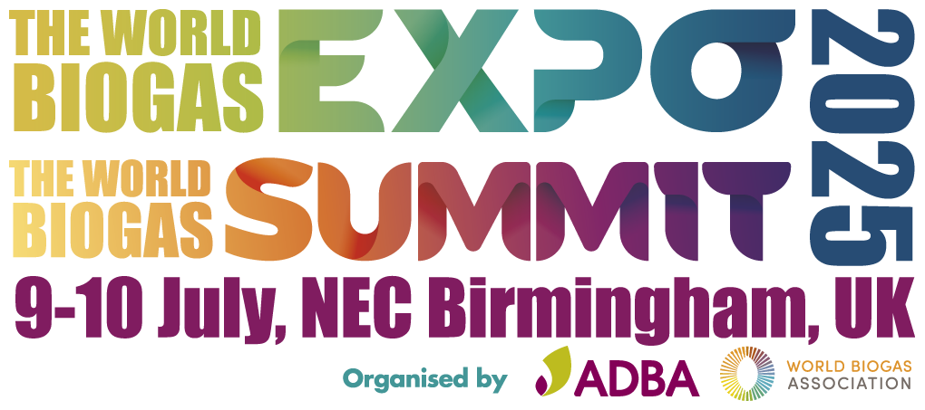 Text-based logo for The World Biogas Expo 2023 and World Biogas Summit, held July 9-10 at NEC Birmingham, UK, organized by ADBA and the World Biogas Association.