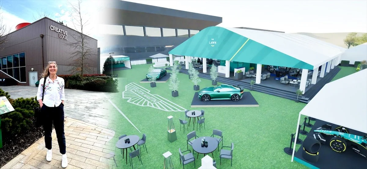 Composite image blending a PSP team member with a 3D visualisation of a custom-designed outdoor event space and exhibition environment.