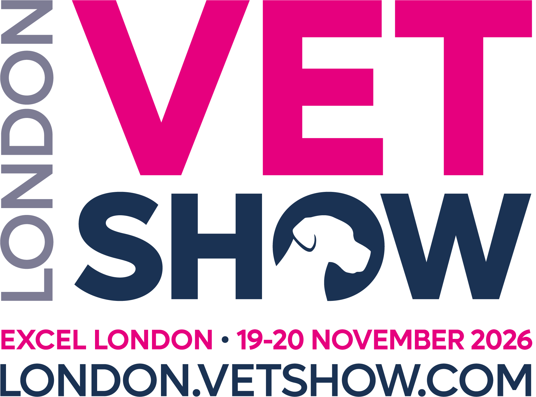 Logo for the London Vet Show 2026, featuring bold pink and navy text with a silhouette of a dog's head inside the letter 'O' in 'SHOW.' Event details include 'Excel London, 19-20 November 2026,' and the website 'london.vetshow.com.'