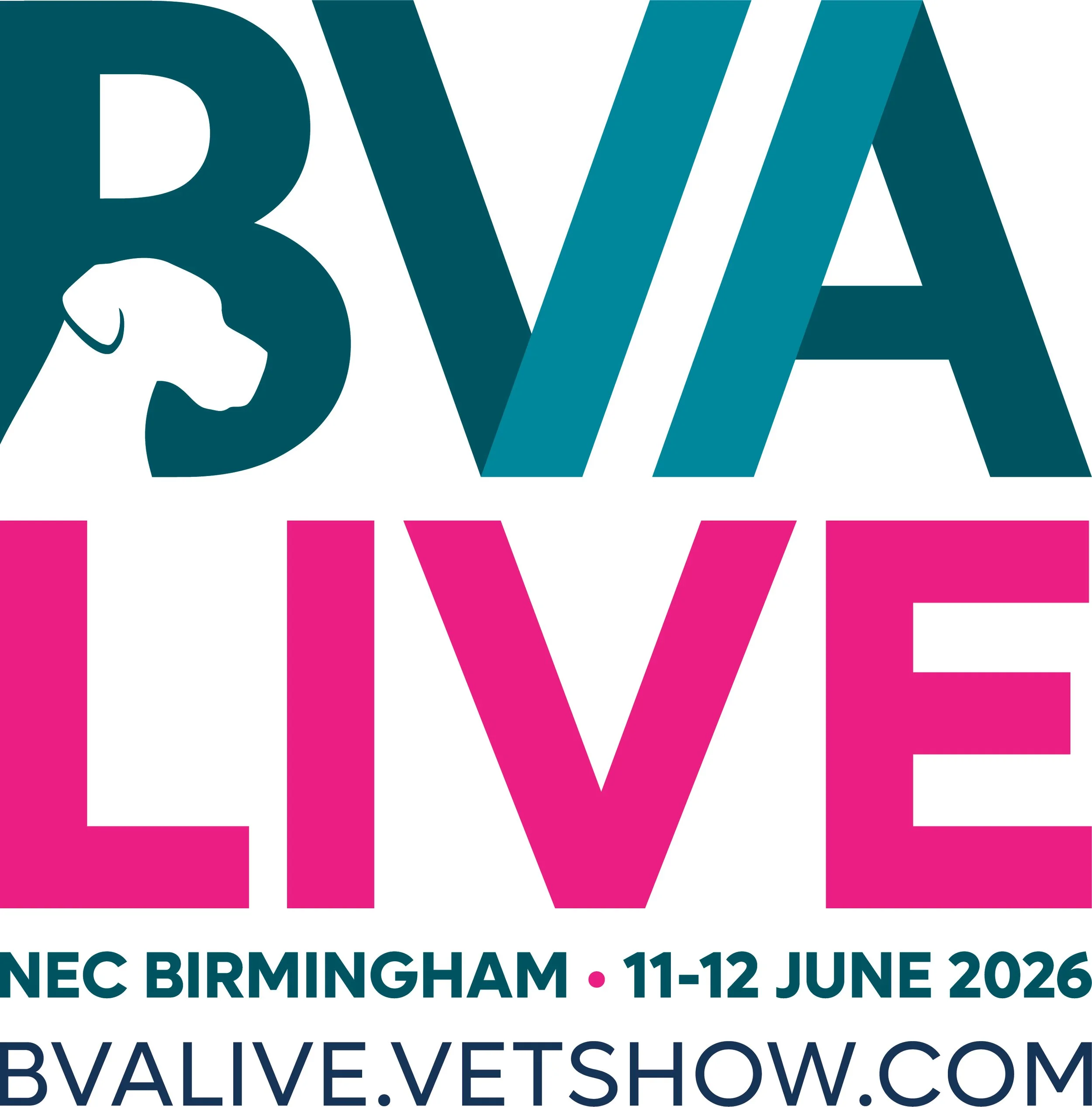 Logo for BVLA Live, showing a stylized dog head integrated into the letter 'B' in teal, with the words 'BVLA LIVE' in large pink and teal letters, along with details about the event held at NEC Birmingham on June 11-12, 2026, and the website bvalive.vetshow.com.