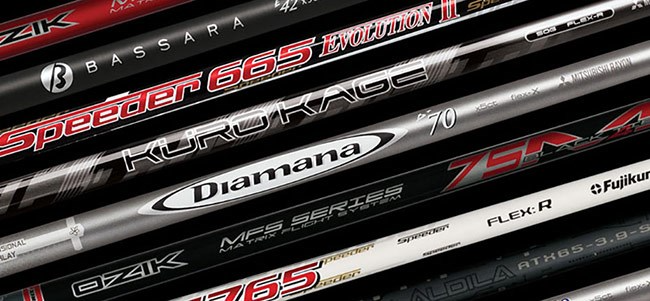 Multiple golf club shafts laid horizontally, featuring brand names and specifications such as 'Bassara', 'Speeder 665 Evolution II', 'Kuro Kage', 'Diamana', 'MFS Series', 'Fujikura', and others.