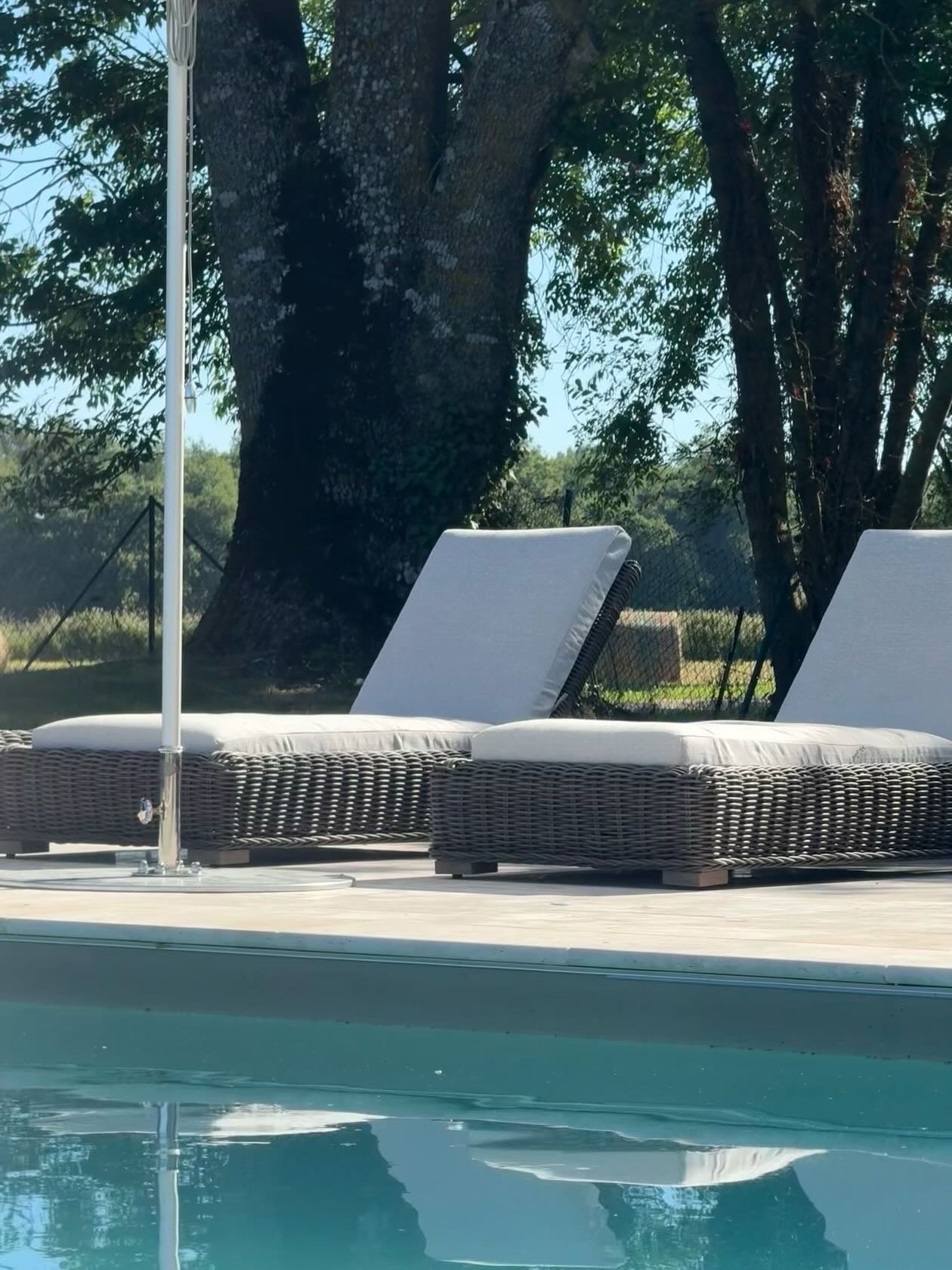 The pool makeover is nearly complete just in time for the sun ☀️☀️The pool area is retiled and the Restoration Hardware sun loungers and Tucci parasols are looking fabulous - nearly ready for our guests to enjoy. ☀️☀️☀️