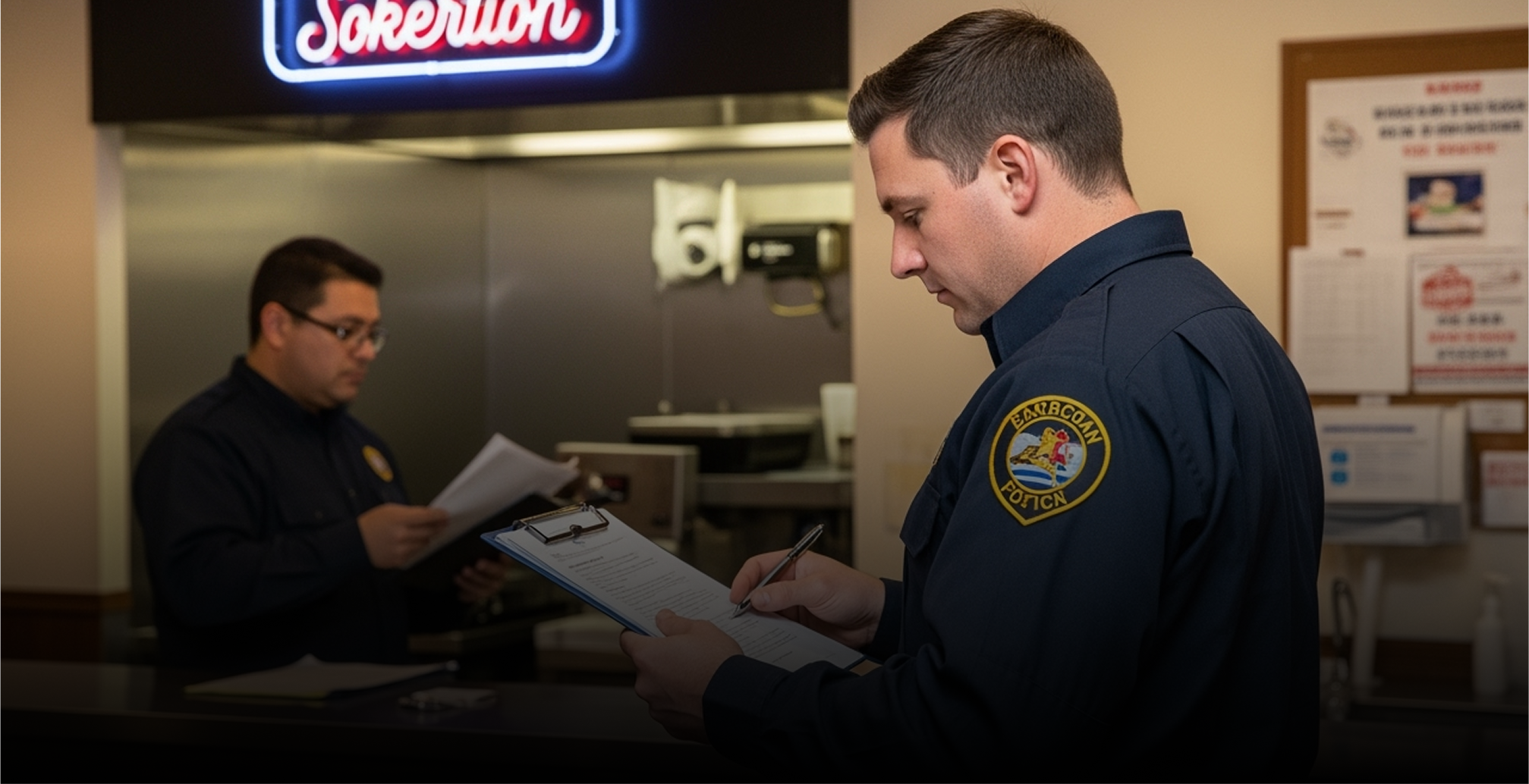 Deux officiers de police examinent des documents dans un restaurant ou une zone de restauration, avec une enseigne Sokeruán en néon au-dessus.
