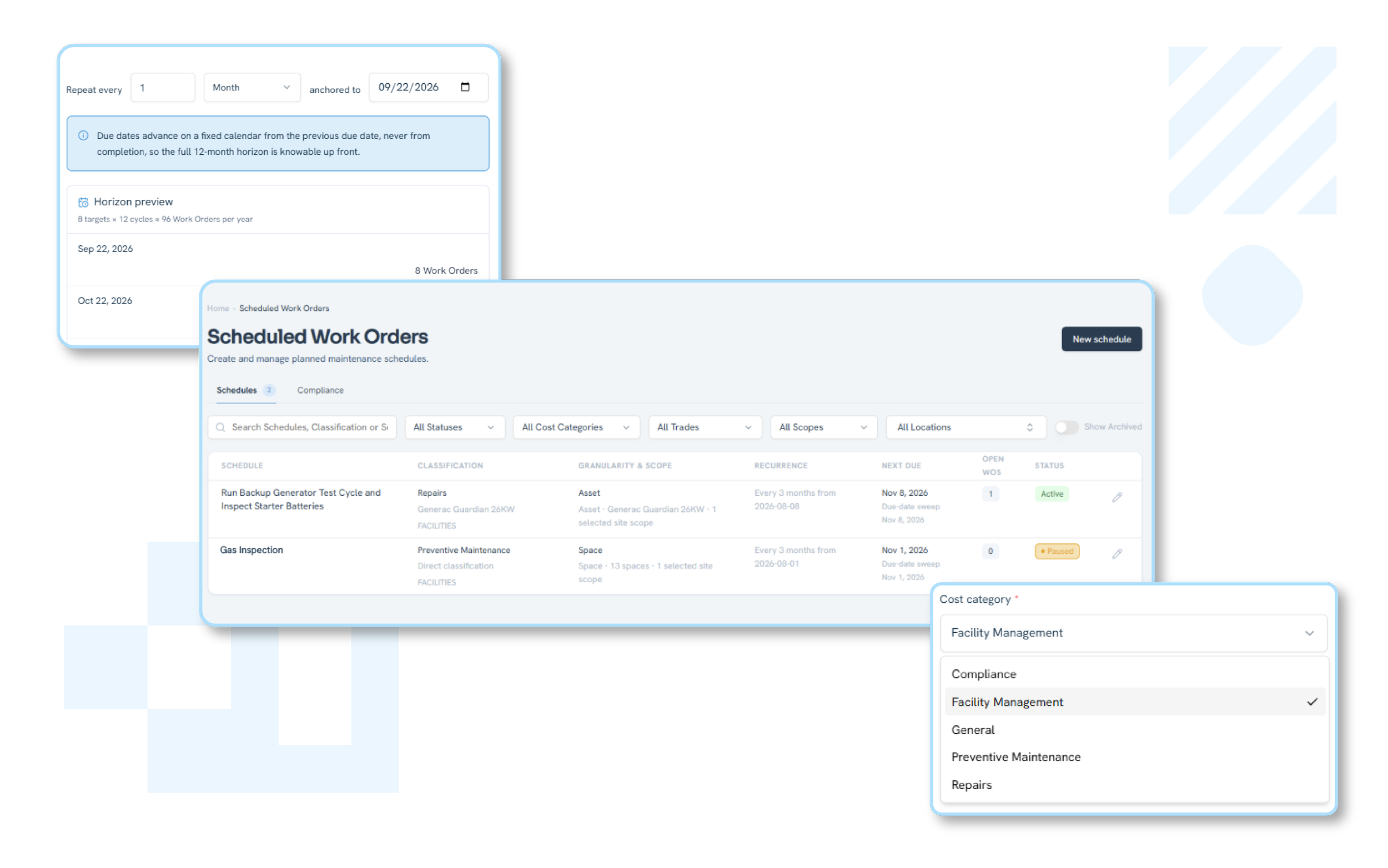 Screenshot of Fleet's Scheduled Work Orders interface, showing a recurring monthly maintenance schedule, a list of scheduled work orders with recurrence and status columns, and a cost category selection menu.