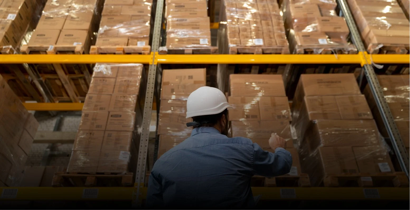 Un trabajador en un almacén con casco blanco y camisa azul, inspeccionando o tomando notas cerca de cajas apiladas en estanterías.