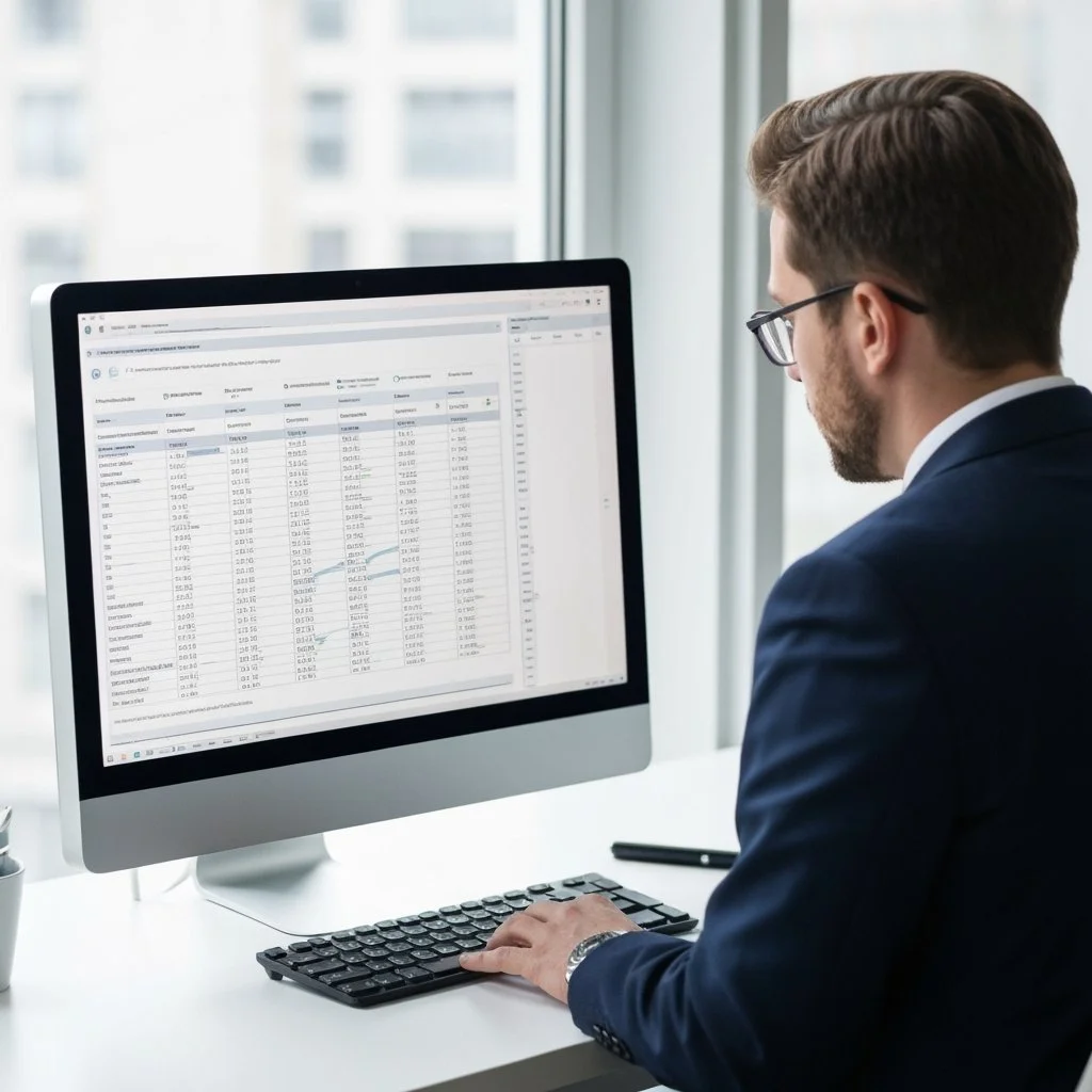 Un homme en costume travaillant sur une feuille de calcul financière sur un ordinateur de bureau dans un bureau avec de grandes fenêtres.