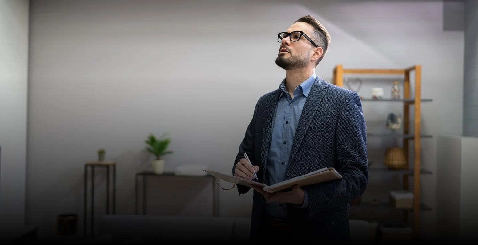 Un homme avec des lunettes et une barbe, vêtu d'une chemise bleue et d'un blazer, tenant un carnet et un stylo dans un bureau.