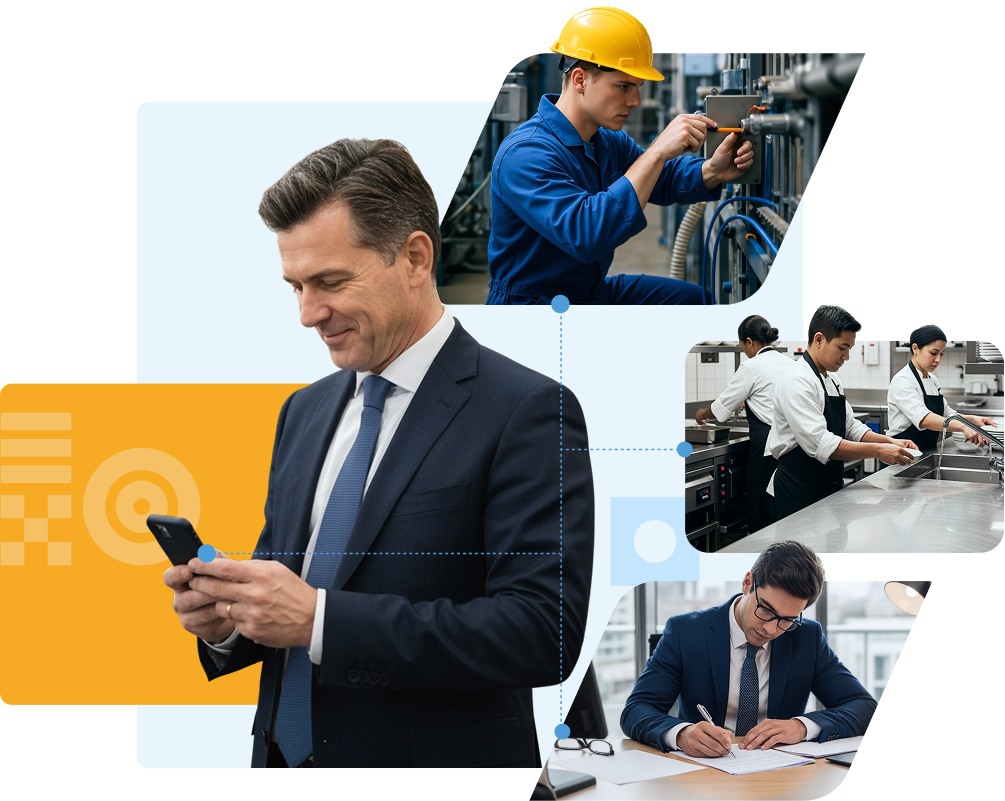 رجل أعمال يرتدي بدلة رسمية ويستخدم الهاتف المحمول، مع مجموعة من المهنيين بما في ذلك الفني وموظفي المطبخ وموظفي المكاتب - يمثلون منصة إدارة العقارات في فليت.