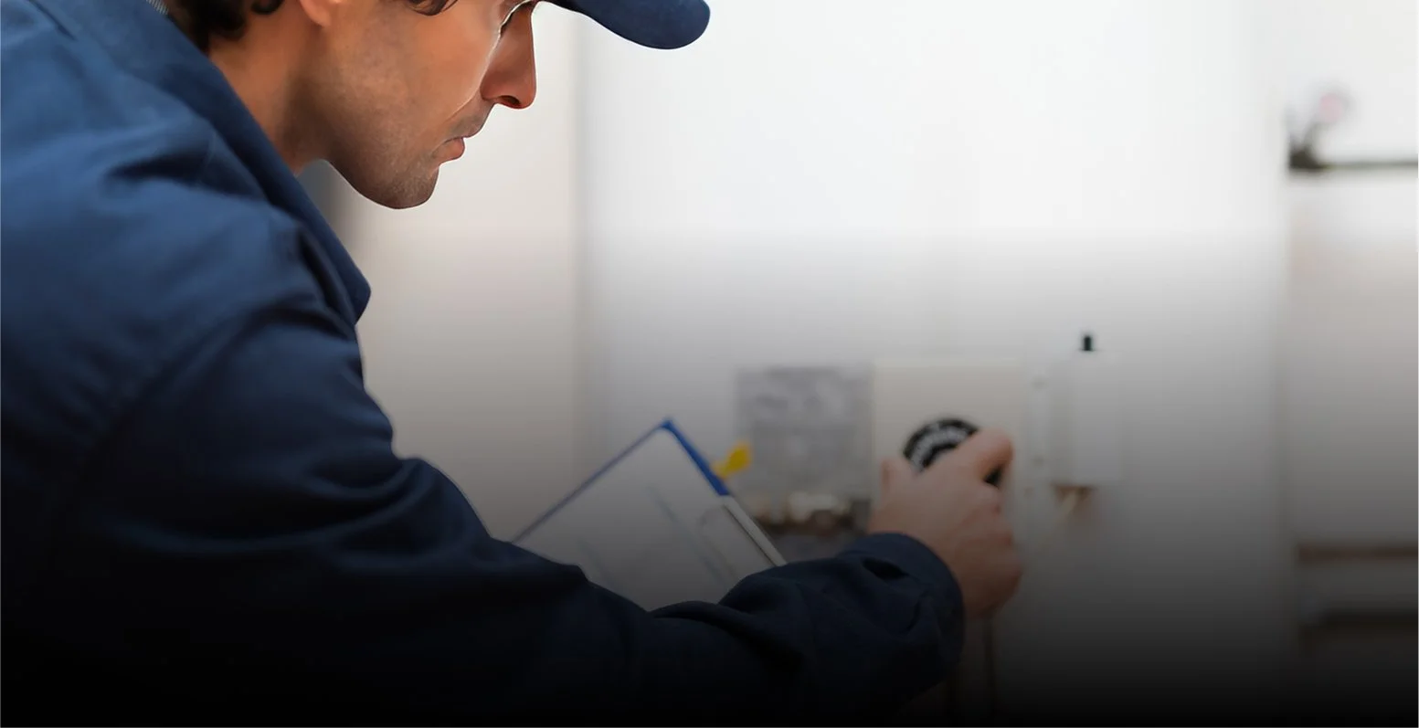 Un technicien en veste bleue et casquette règle un thermostat sur un mur blanc.