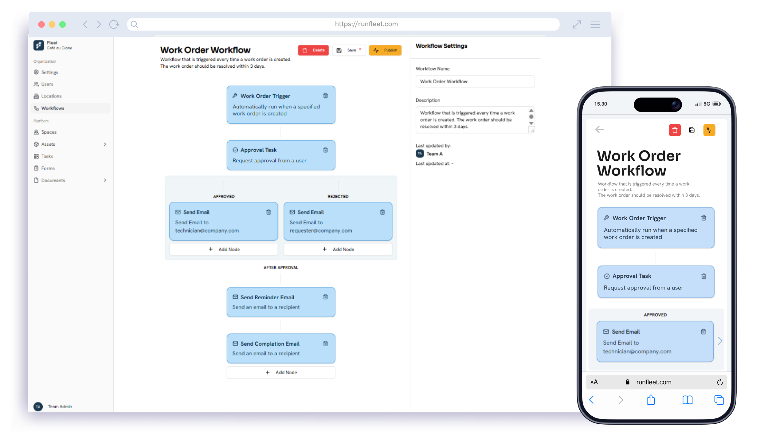 Fleet CMMS interface showing work order creation and automated workflows on both desktop and mobile for field technicians and managers.
