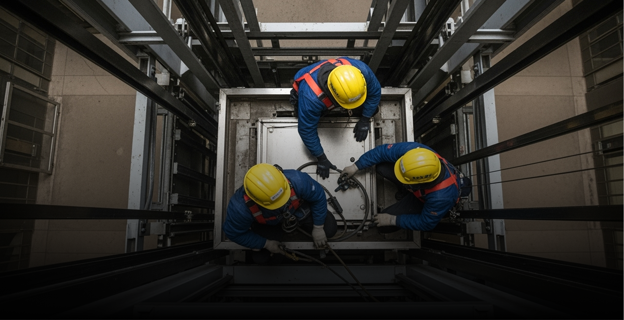 Trois agents d'entretien en tenue de sécurité travaillant à l'intérieur d'une cage d'ascenseur.