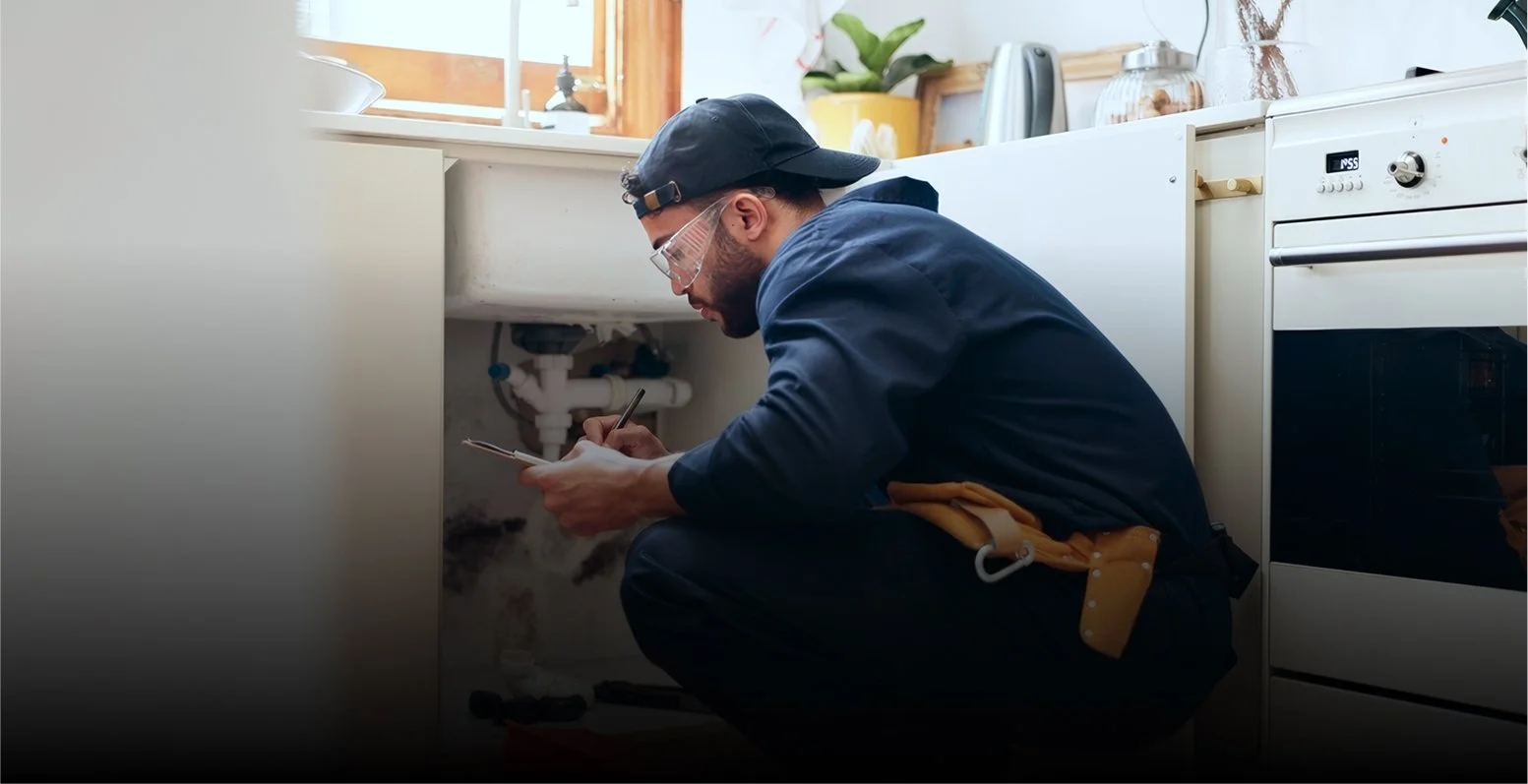 Un technicien inspecte la plomberie sous un évier de cuisine.
