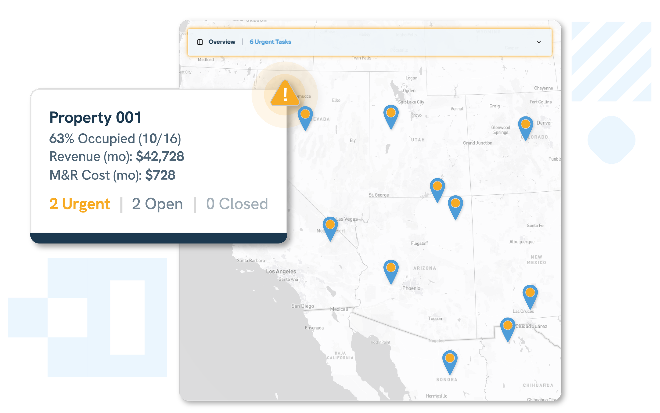 Fleet map overview interface showing multiple real estate locations and portfolio-level operational visibility across sites.