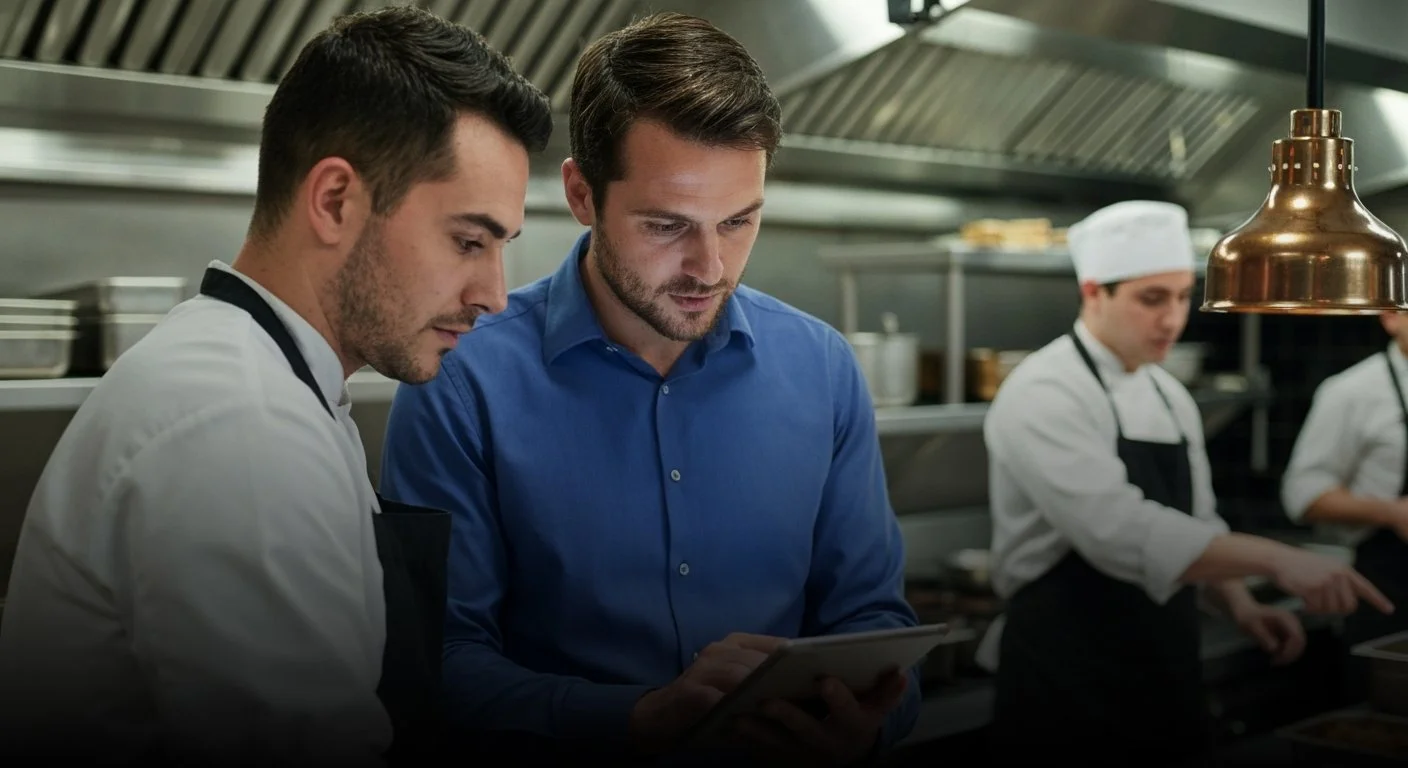 يقوم فريق المطبخ التجاري بمراجعة الطلبات - إظهار ميزات الضيافة وتنسيق خدمات الطعام في الأسطول.