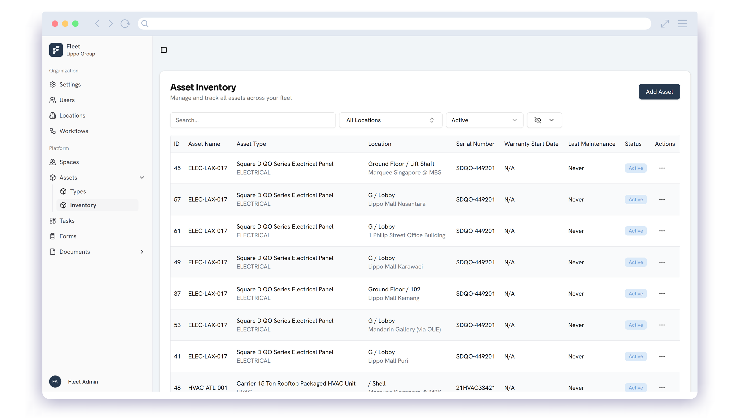 Fleet CMMS software interface showing detailed asset inventory management with lifecycle history and performance tracking.