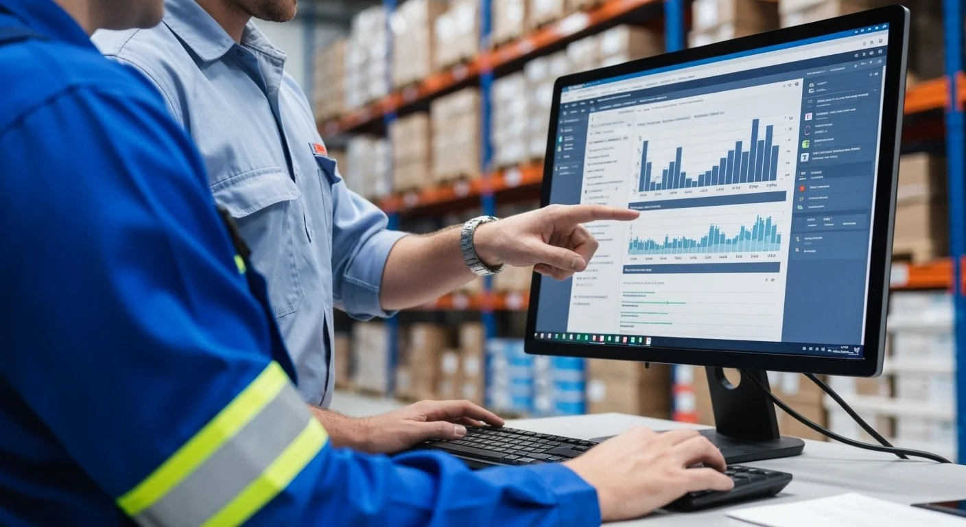 يقوم عامل المستودع بمراجعة لوحات معلومات الصيانة على الكمبيوتر، لتوضيح إمكانيات تكامل الأسطول ودعمه.