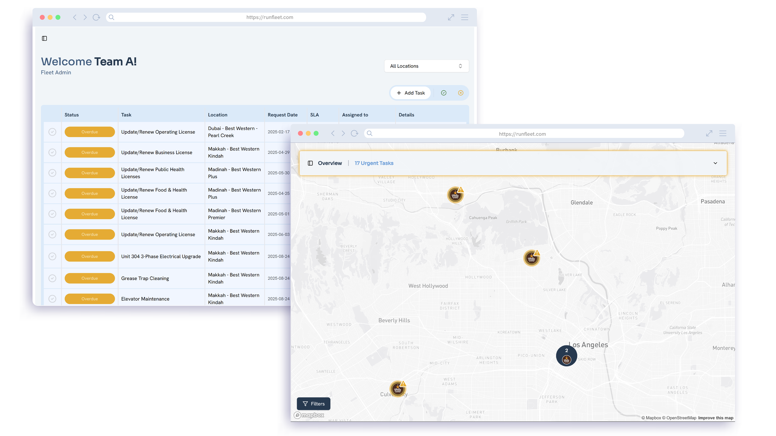Fleet real-time operations dashboard displaying map views and task summaries for multi-site property and facilities management.