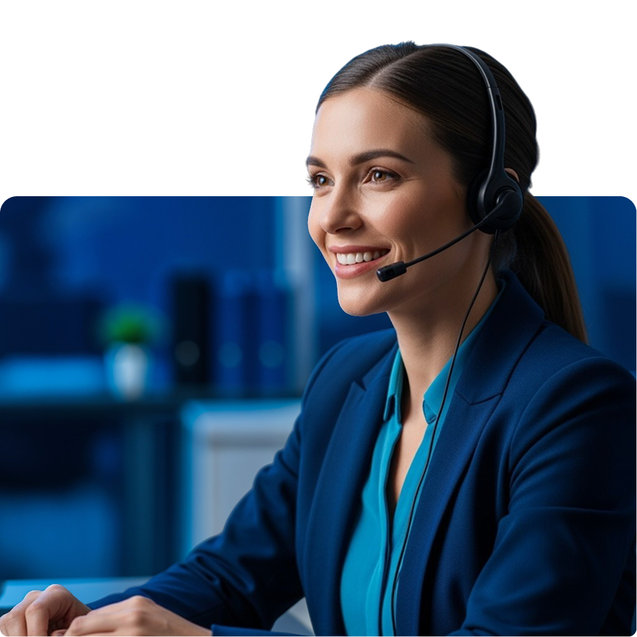 موظفة دعم مبتسمة ترتدي سماعة رأس، تمثل دعم الدردشة المباشرة من شخص حقيقي ومنصة Fleet الآمنة القائمة على السحابة.