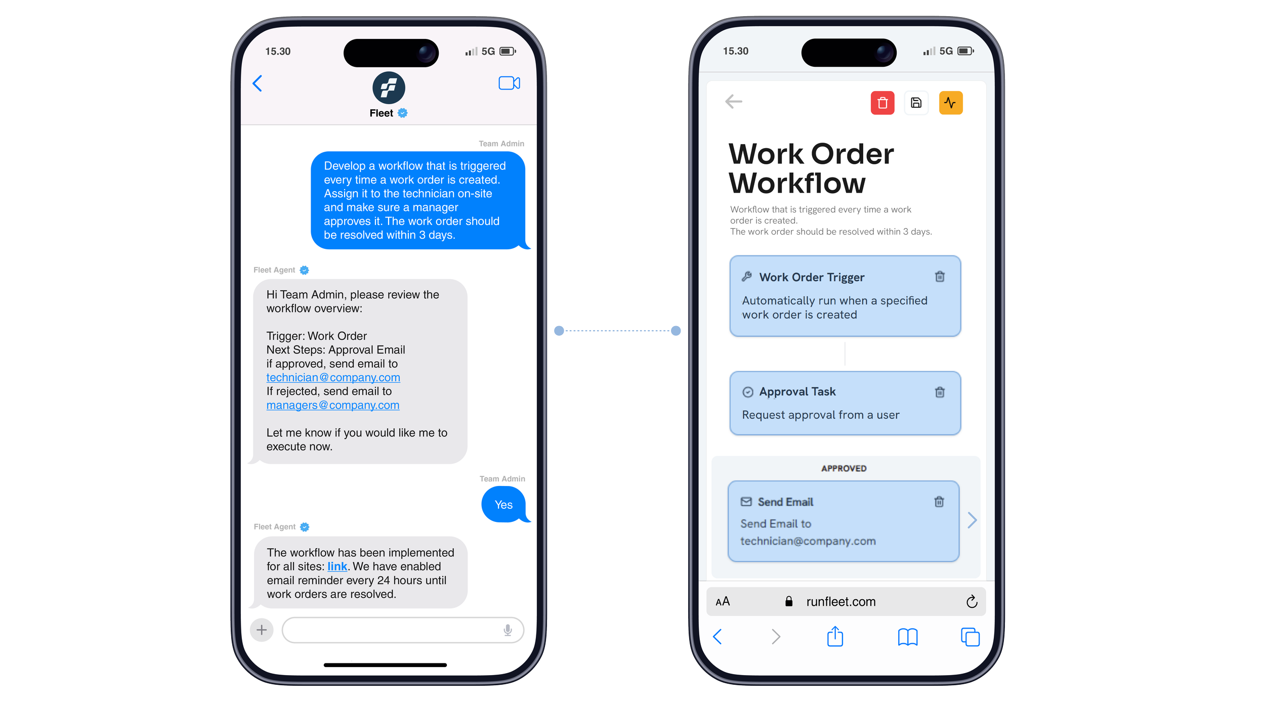 Fleet AI agent interface where users create work orders through chat, enabling automated workflows and intelligent property operations.