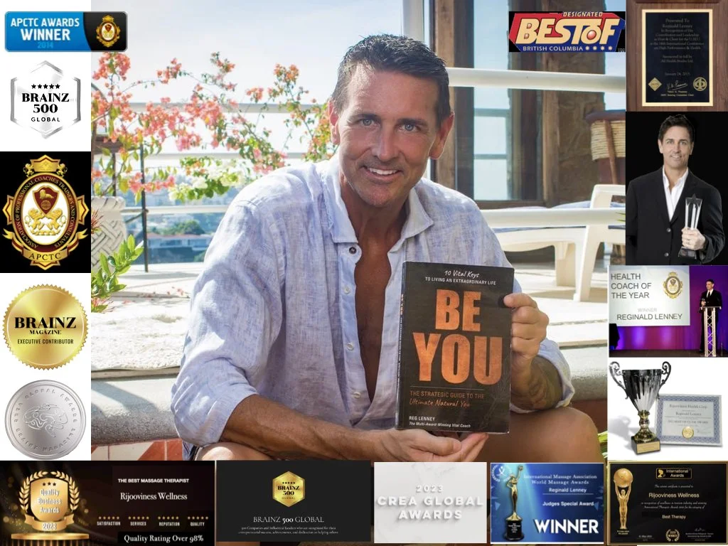 A man sitting outdoors holding a book titled 'Be You.' The background features pink flowers, a glass railing, and a building with large windows. The image is surrounded by various award logos and certificates.