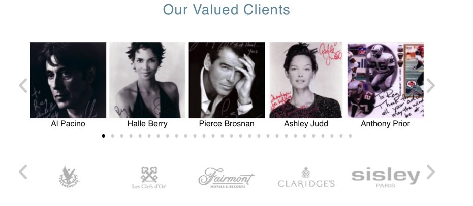 Photographs of five valued clients: Al Pacino, Halle Berry, Pierce Brosnan, Ashley Judd, and Anthony Prior, with jewelry signatures on their images, displayed on a website titled 'Our Valued Clients'