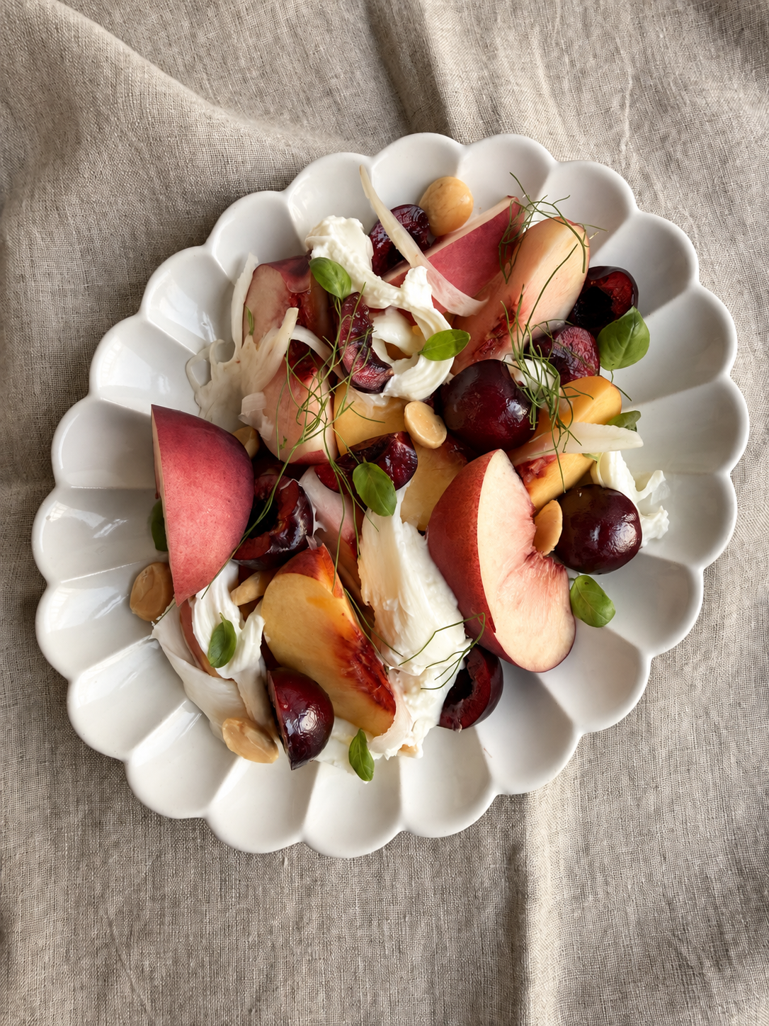 Peach Season Salad with Black Cherries, Burrata, Pickled Fennel &amp; Calabrian Hot Honey