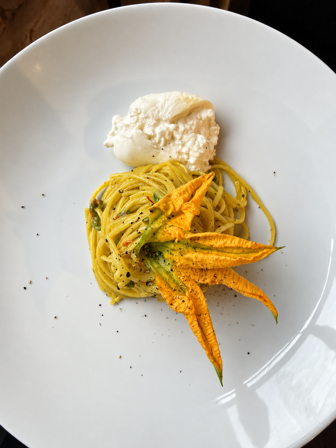 Saffron Pasta with Zucchini Blossoms and Burrata
