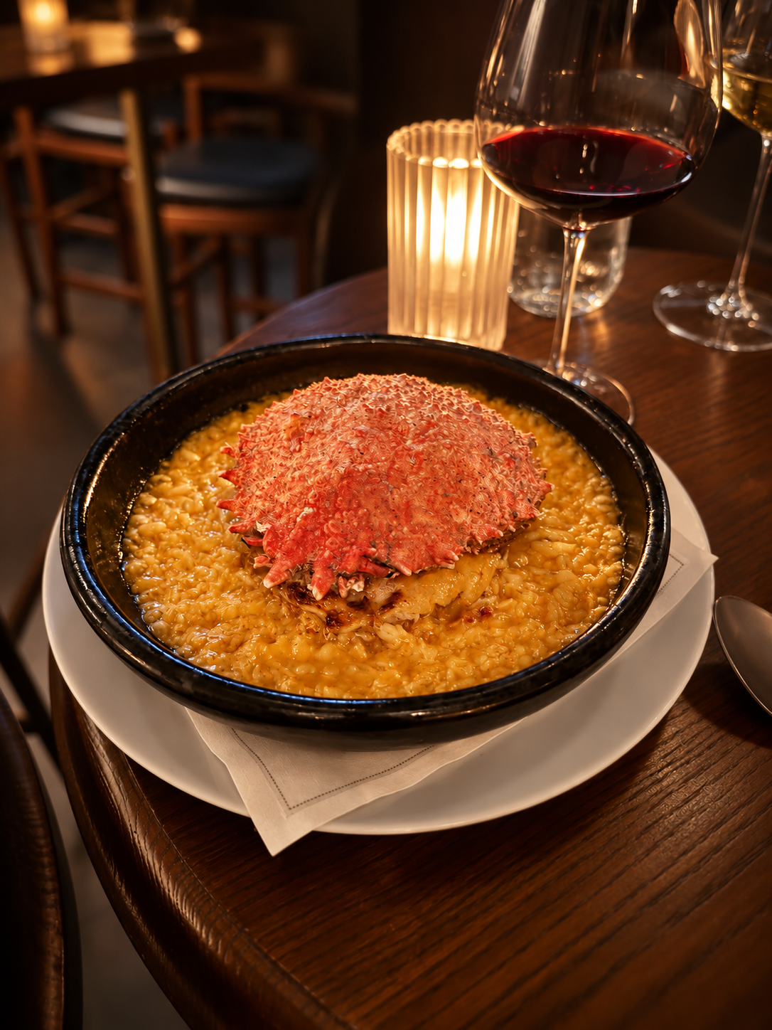 Spider crab shell over saffron bomba rice at Asador Bastian in Chicago.