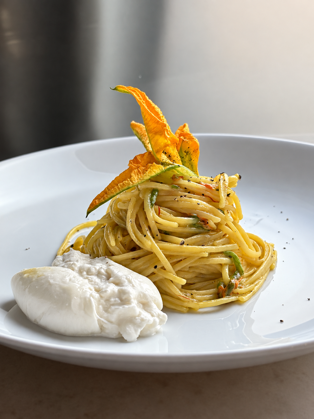Close up photo of Saffron Pasta with Zucchini Blossoms