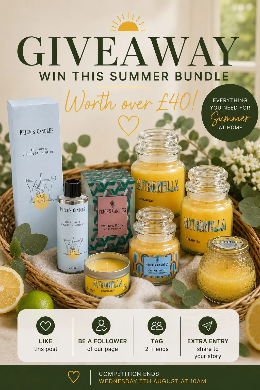 🎉 GIVEAWAY TIME! 🎉

We're giving one lucky winner the chance to win our Summer Home Fragrance Bundle, worth over &pound;40! ☀️✨

Featuring a selection of our favourite summer fragrances, including:
🕯️ Tropical Bloom Candle
🕯️ Citrus Rush Candle
?