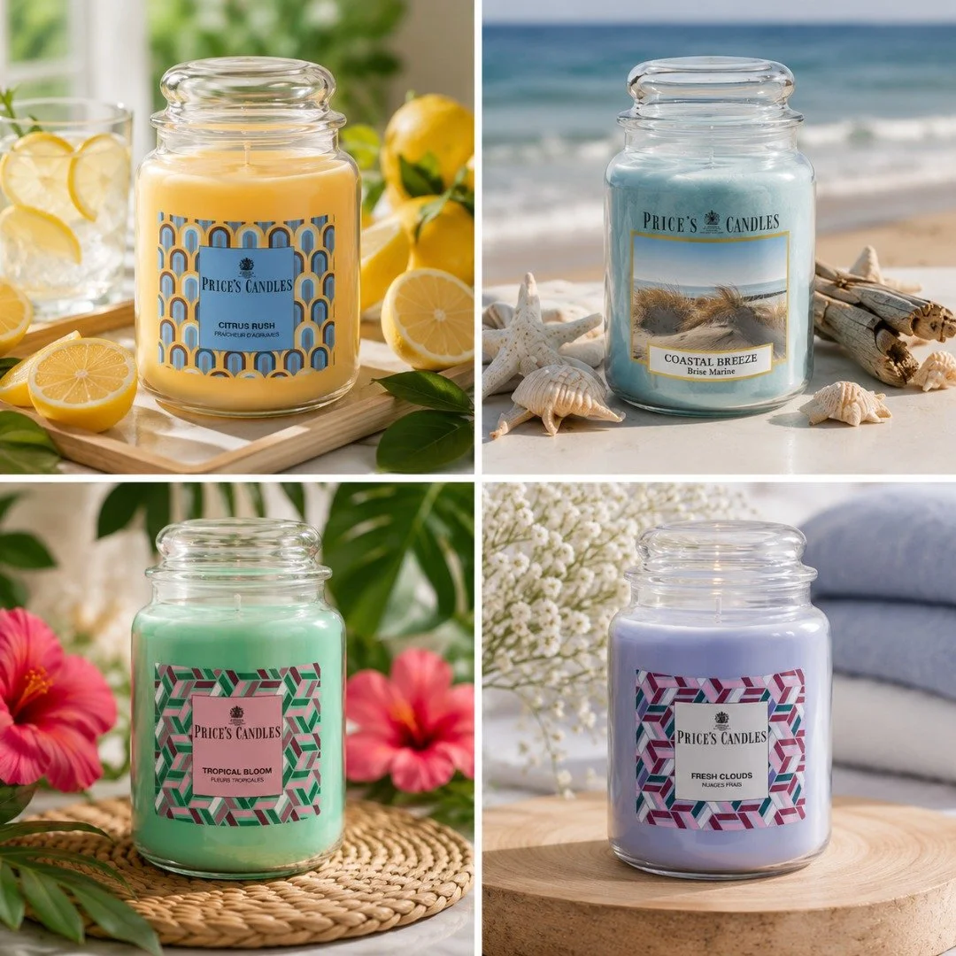 Which summer scent are you? ☀️

🍋 Bright &amp; energising
🌊 Fresh &amp; coastal
🌺 Tropical &amp; exotic
☁️ Clean &amp; calming

Swipe through, pick your favourite and tell us which scent you're choosing this summer. 👇✨

#PricesCandles #SummerScen