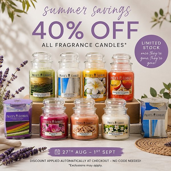 Enjoy an amazing 40% OFF our Fragrance Collection. 

Whether you&rsquo;re after a calming lavender or an energizing citrus scent, now&rsquo;s the perfect time to bring home your favourites at an unbeatable price! ✨

Which scent will you choose? Shop 