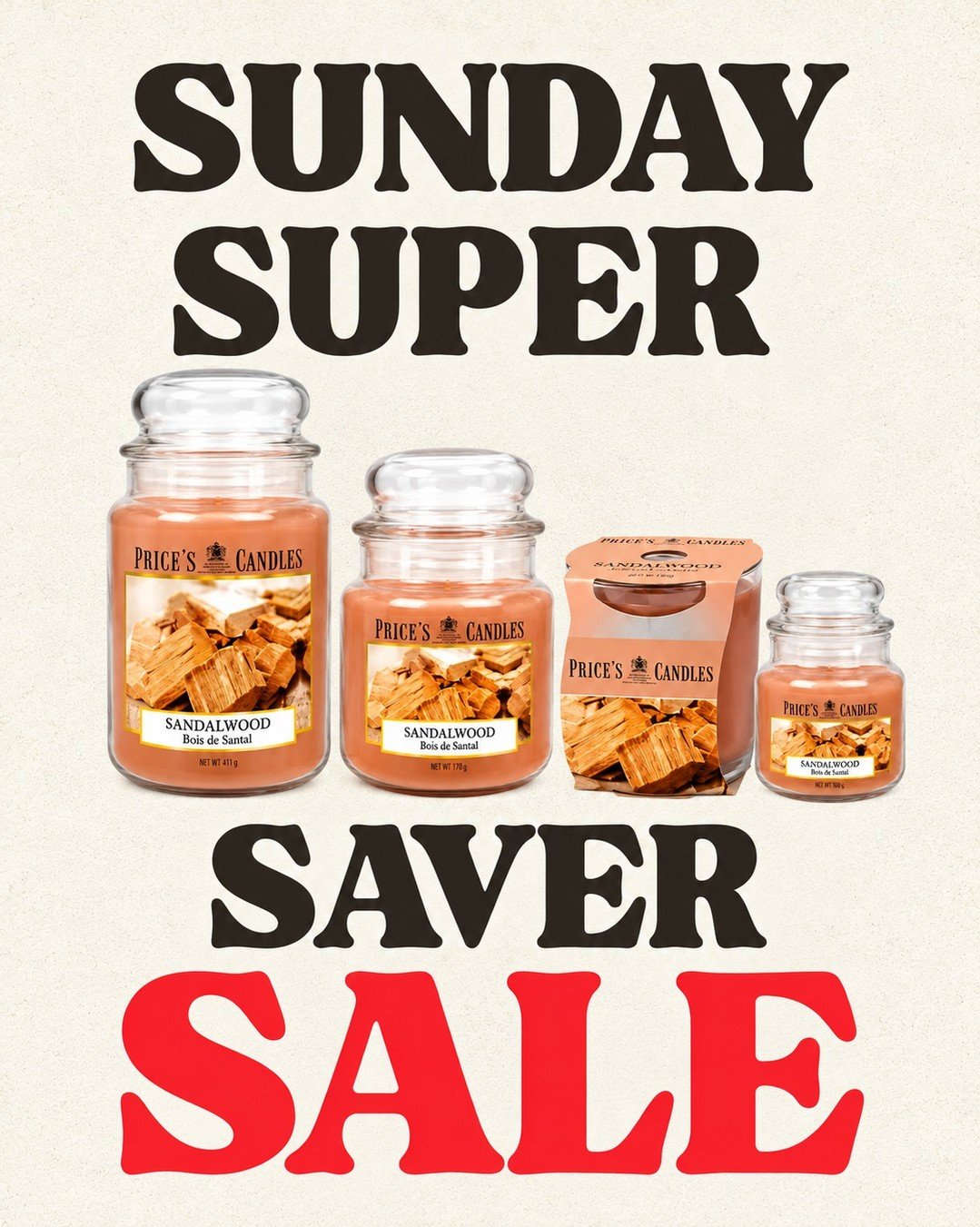 A new Sunday, a new reason to treat yourself!

Our Sunday Super Saver is back, and this time SANDALWOOD is taking centre stage! 🕯️✨

If you love a warm, woody fragrance that brings a little luxury into your home, this week's offer has your name writ