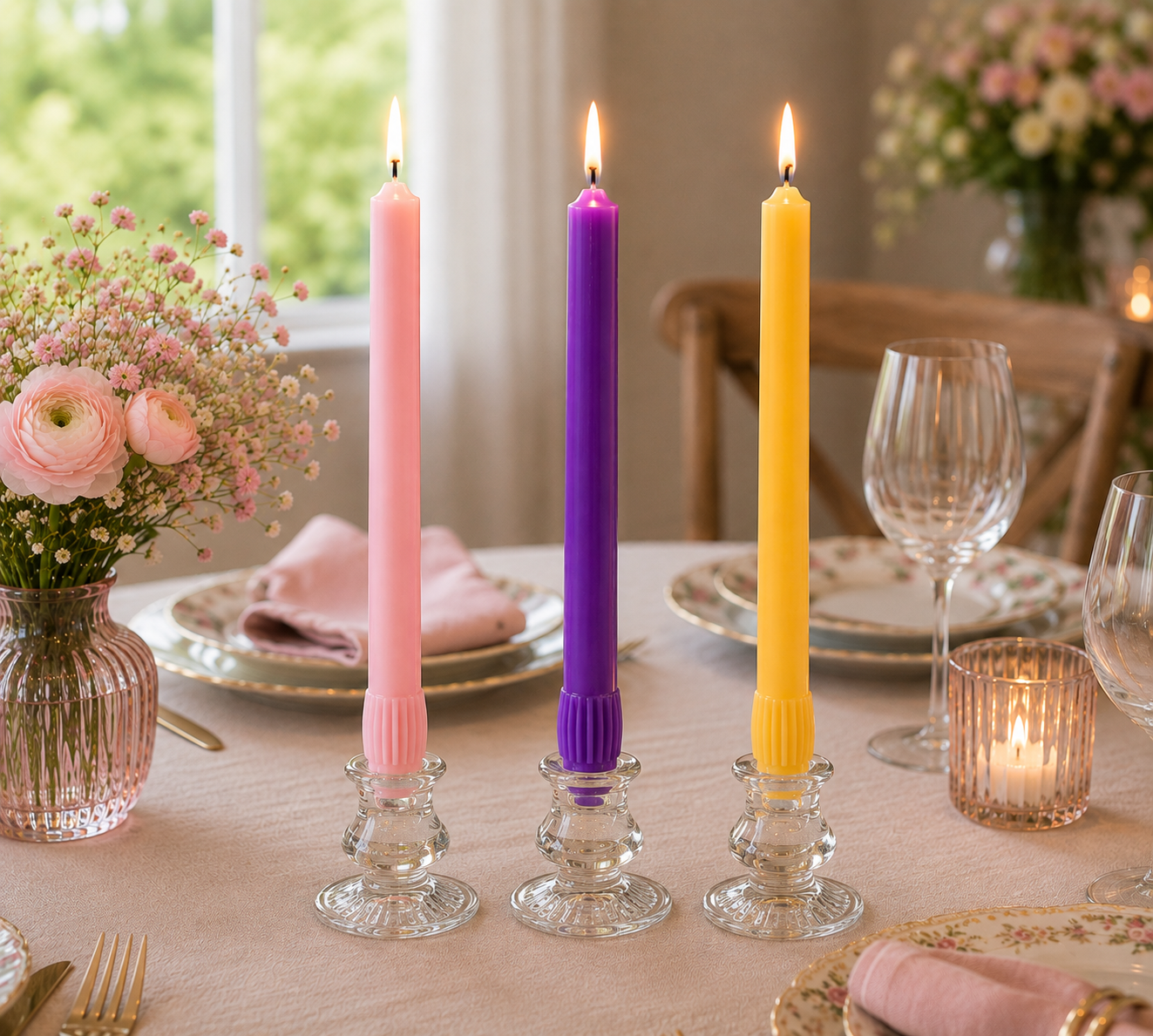 Sherwood Dinner Candles- Yellow , Pink & Purple