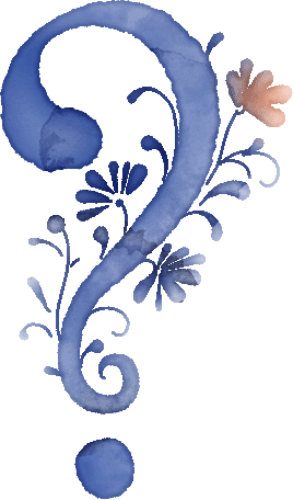 Illustration eines stilisierten Fragezeichens im Delfter Stil mit floralen Verzierungen und einer orangefarbenen Blüte – grafisches Symbol für die FAQ-Sektion bei Veerman Bestattungen.