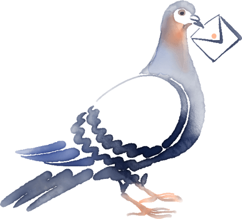 Illustration einer stilisierten Brieftaube in Blau-Orange, die einen Brief mit einem kleinen Punkt in Form eines Siegels im Schnabel hält – Symbol für den Newsletter von Veerman Bestattungen.