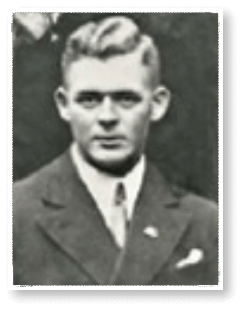 Schwarzweißporträt von Edwin Hasert, dem Gründer der ursprünglichen Tischlerei und Bestattungsfirma Hasert; er trägt einen Anzug mit Krawatte und Einstecktuch.