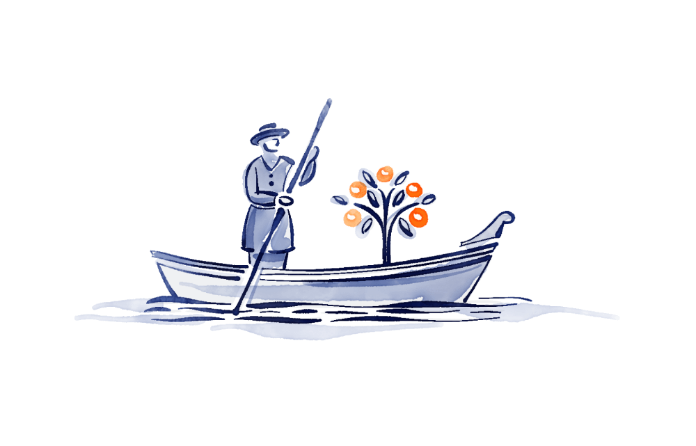 Delfter Stil: Fährmann in Gondel mit Baum und orangefarbenen Früchten – Sinnbild für Abschied und Neubeginn bei Veerman-Bestattungen.