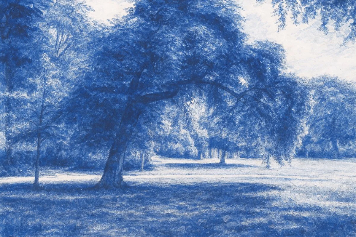 Illustration einer Parklandschaft im Stil Delfter Fliesen: Ein großer, gebogener Baum steht im Zentrum einer sonnendurchfluteten Wiese – Sinnbild für ortsnahe Begleitung und stille Abschiede in der Natur bei Veerman Bestattungen.