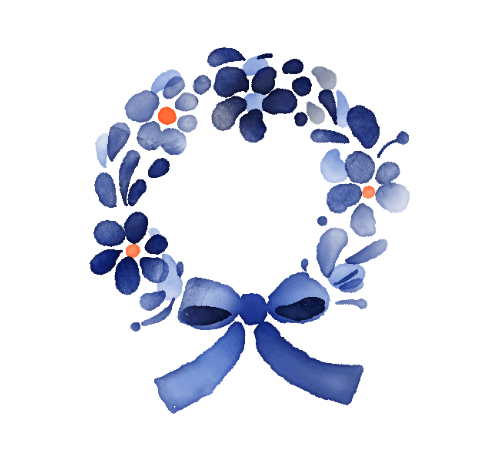 Blauer Trauerkranz mit Schleife und orangefarbenen Akzenten – stilisierte Illustration im Delfter Stil, soll symbolisieren, was im Trauerfall zu tun ist