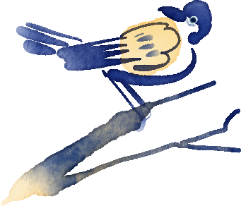 Illustration eines Vogels im Delfter Stil mit blau-gelbem Gefieder auf einem Ast sitzend