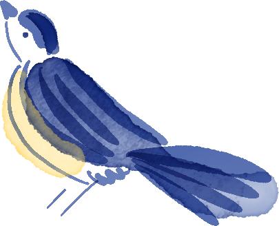 Illustration eines Vogels im Delfter Stil mit gelbem Bauch und blauen Rücken- und Schwanzfedern